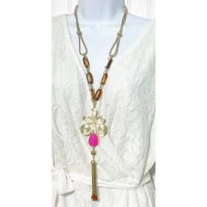 Lilly Pulitzer Boho Lariat Necklace Gold‎ Tone Chain Pink Stone Tassel Pendant
